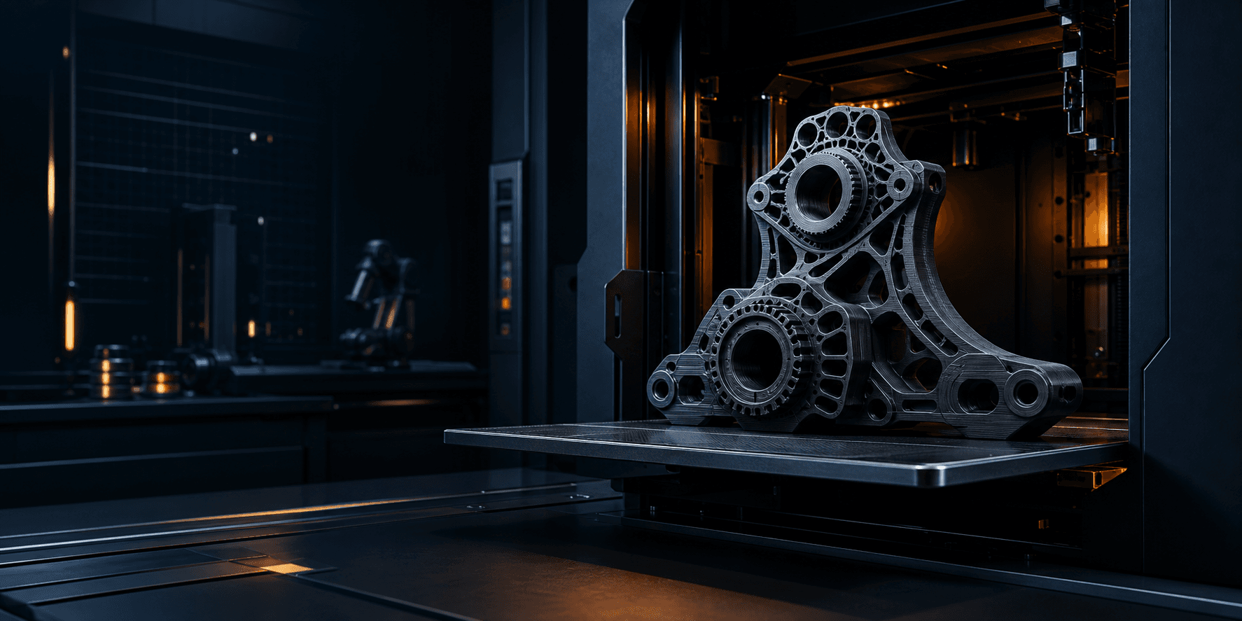Piece technique imprimee en 3D dans un atelier futuriste sombre.