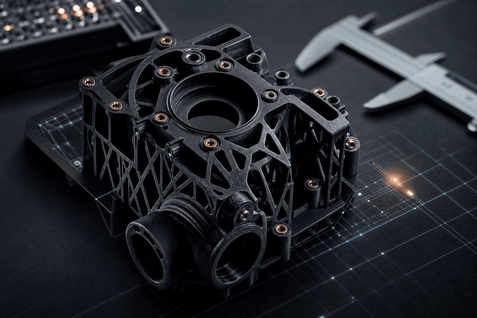 Prototype technique imprime en 3D sur banc d'ingenierie.