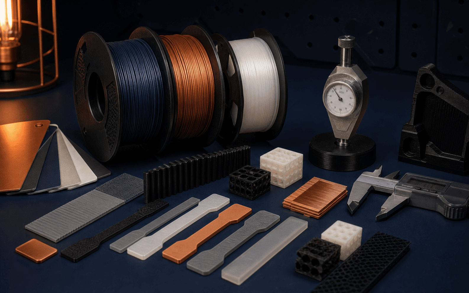 Echantillons de matieres et coupons de test pour conseil en impression 3D.