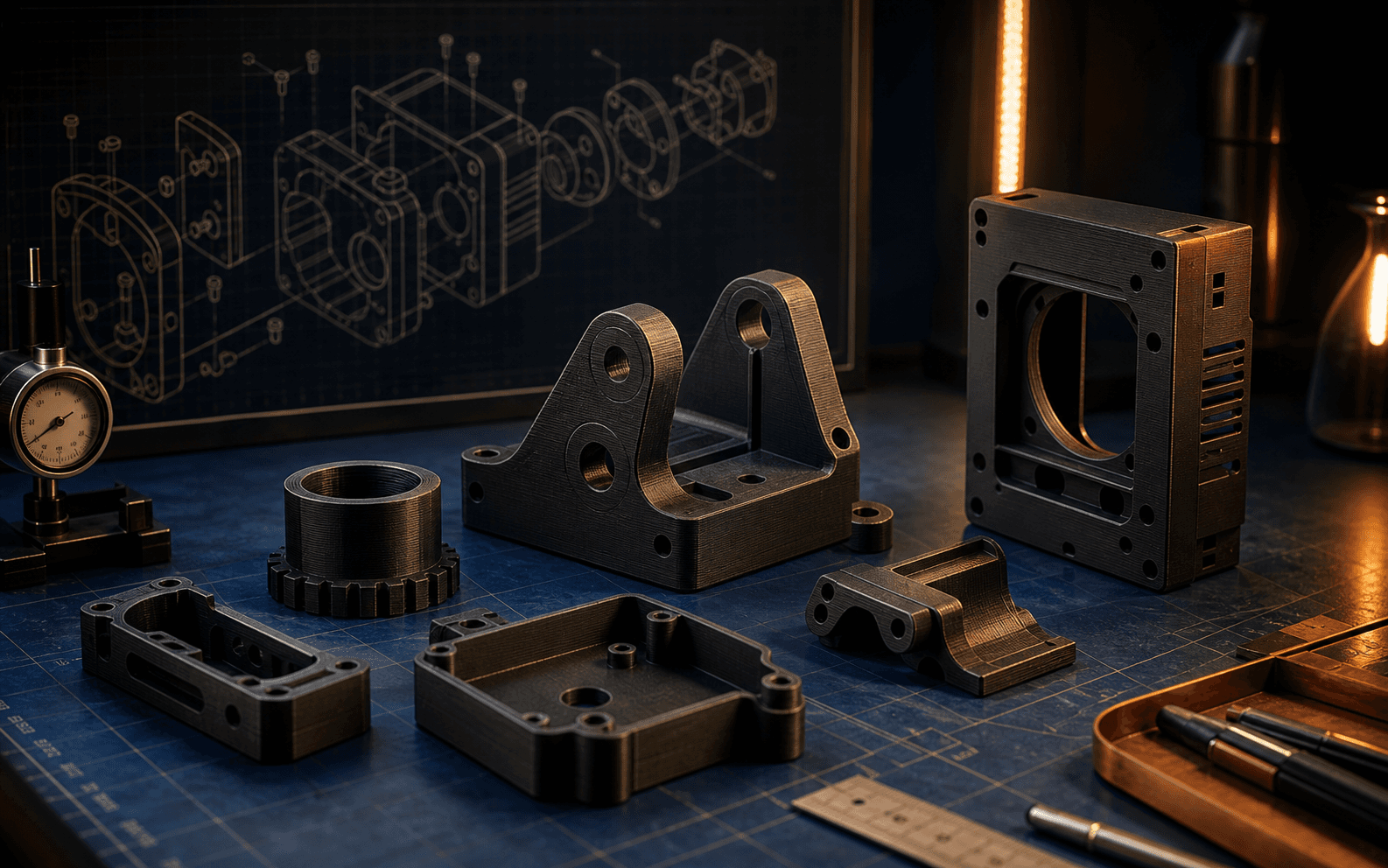 Pieces techniques imprimees en 3D disposees sur un plan de travail industriel.