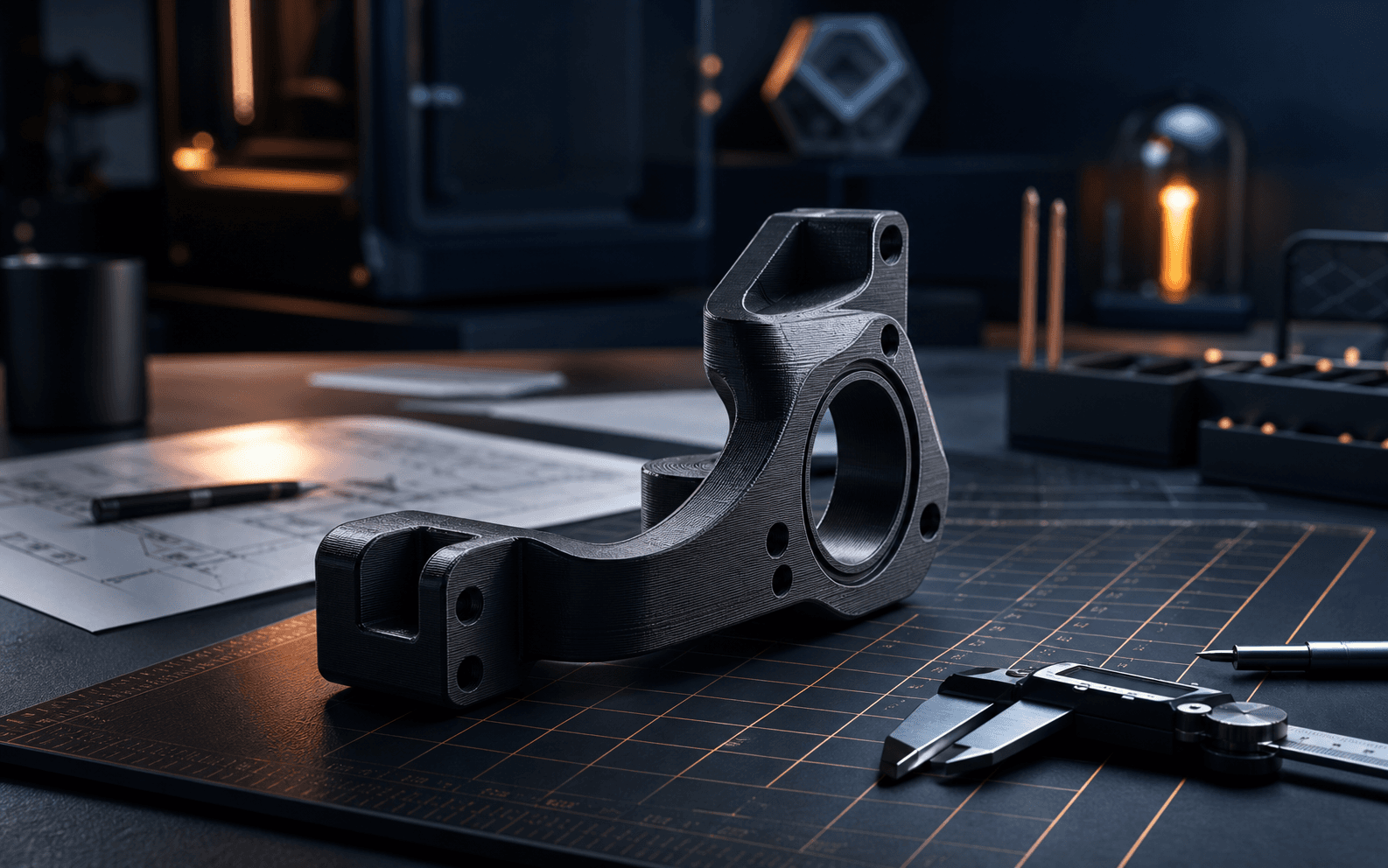 Prototype technique imprime en 3D avec outil de mesure dans un atelier sombre.