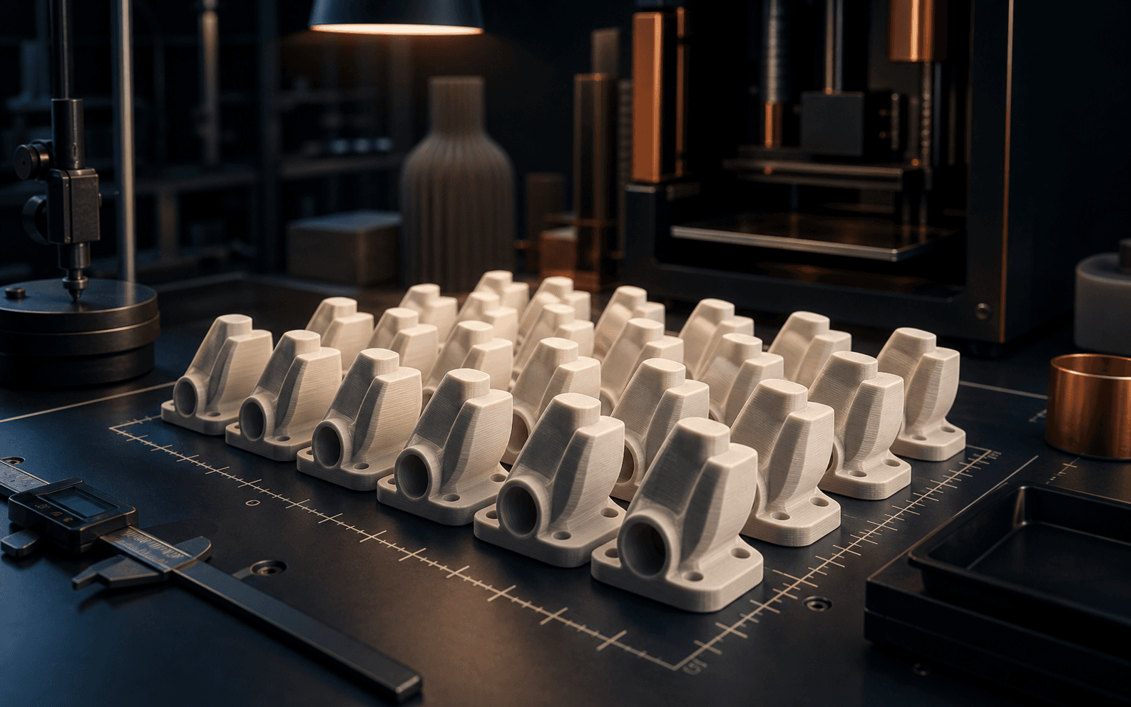 Petite serie de composants imprimes en 3D alignes pour controle qualite.