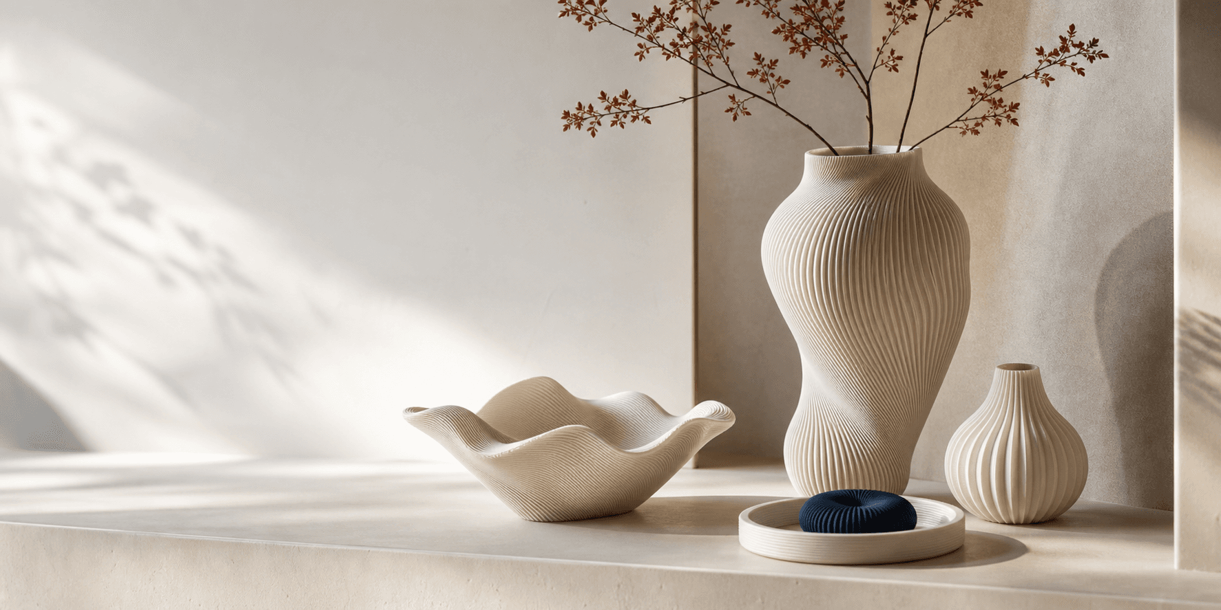 Objets decoratifs imprimes en 3D dans une mise en scene interieure.