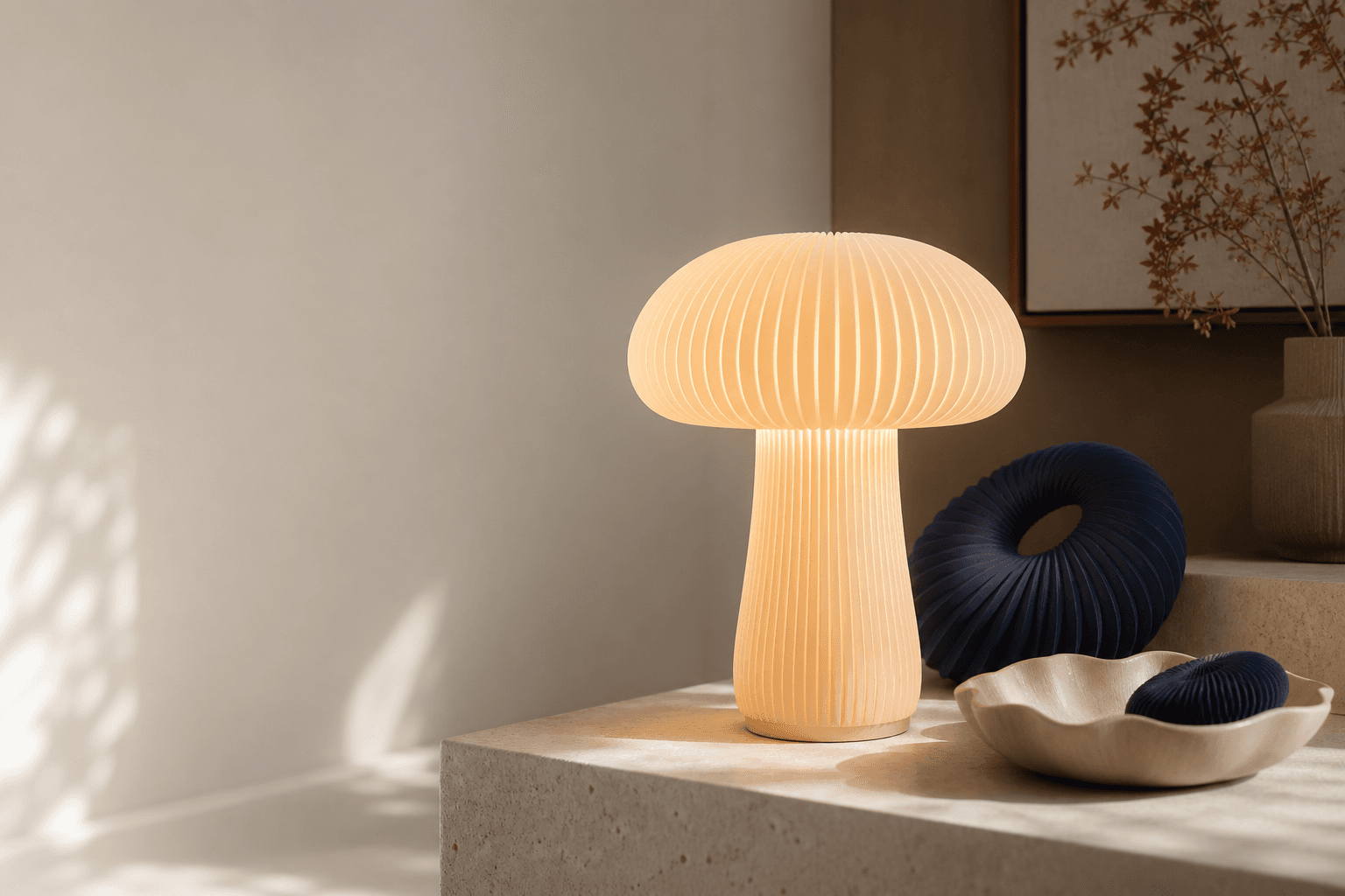 Luminaire decoratif imprime en 3D avec lumiere chaude.