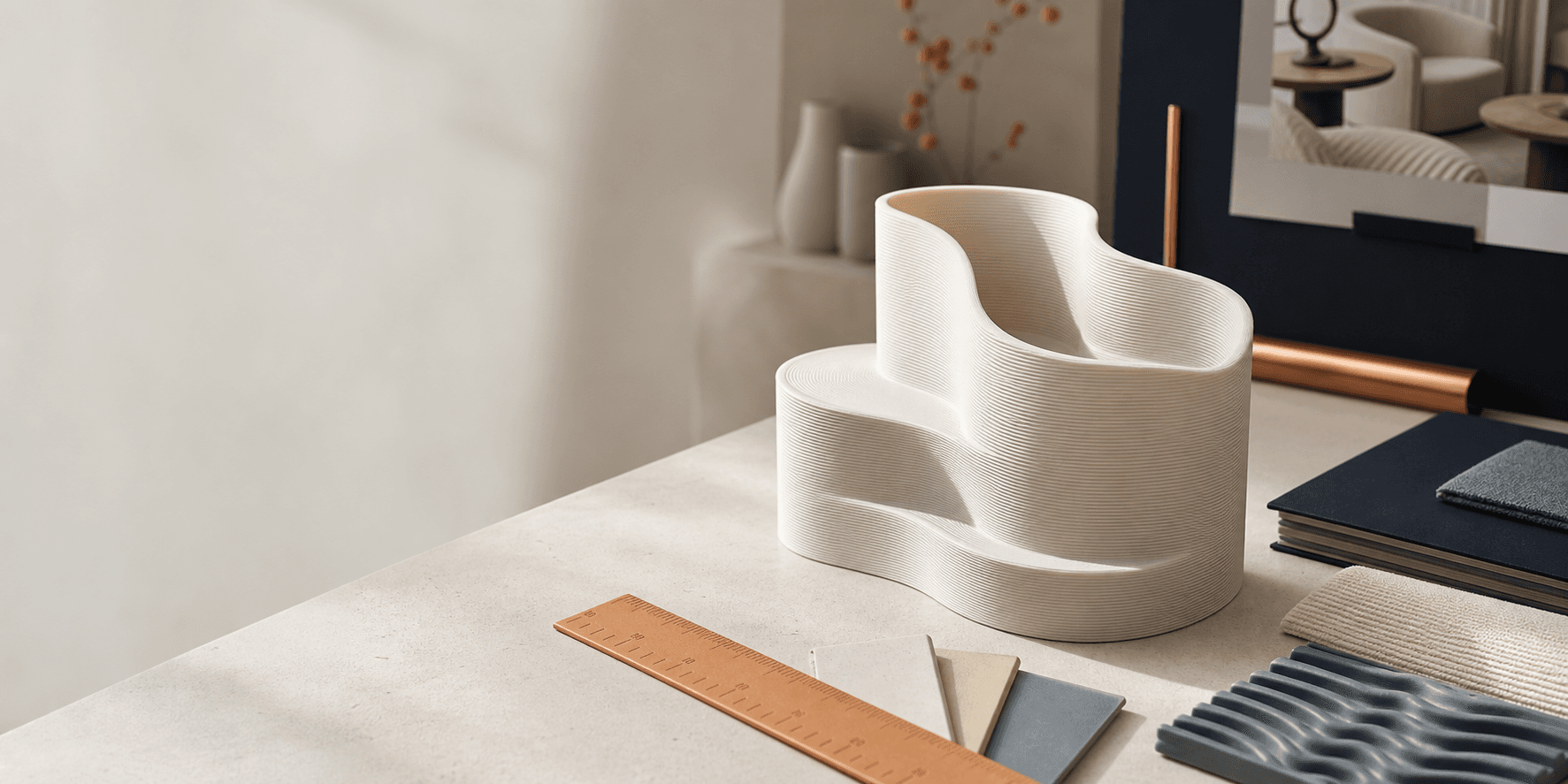 Objet decoratif sur mesure imprime en 3D dans un studio design.