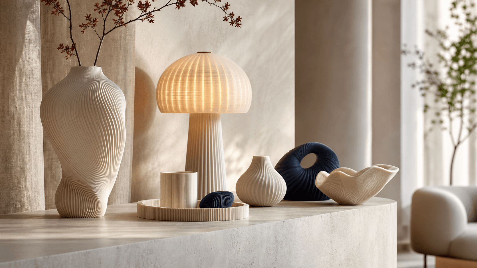 Objets decoratifs et luminaire imprimes en 3D dans un interieur premium.