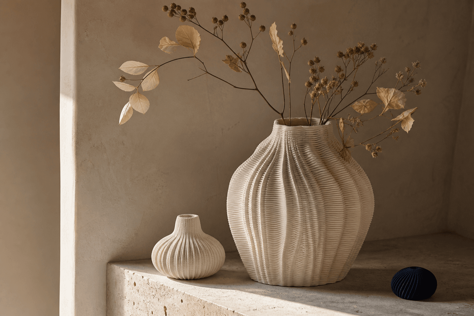 Vase design imprime en 3D dans une ambiance interieure chaleureuse.